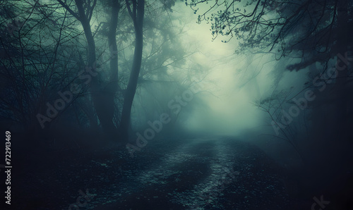 Foggy dark forest path horror melancholic background.Generative AI