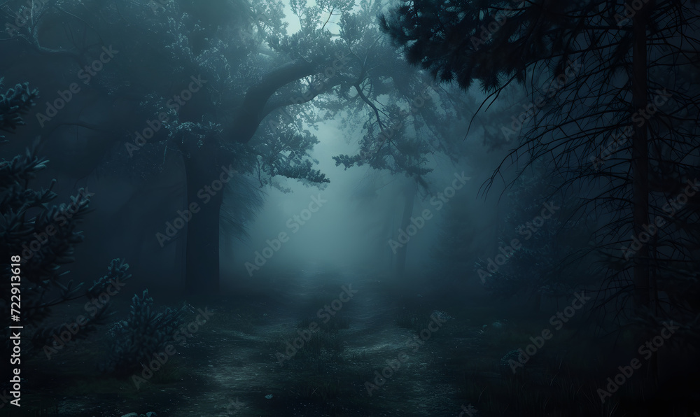 Foggy dark forest path horror melancholic background.Generative AI