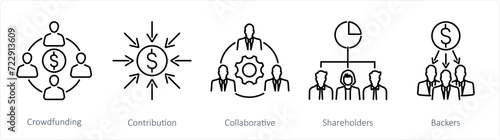 A set of 5 Crowdfunding icons as crowdfunding, contribution, collaborative