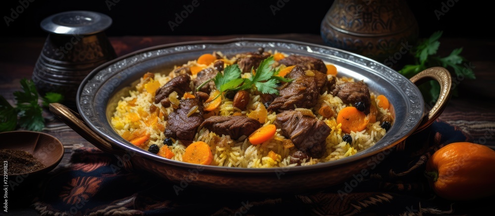 Fresh cooked wedding Uzbek plov in Tashkent Uzbekistan The signature dish of Uzbekistan is cooked with rice meat carrots and onions Pilaf is a traditional food at Central Asia. Creative Banner Fresh cooked wedding Uzbek plov in Tashkent Uzbekistan The signature dish of Uzbekistan is cooked with rice meat carrots and onions Pilaf is a traditional food at Central Asia. Creative Banner