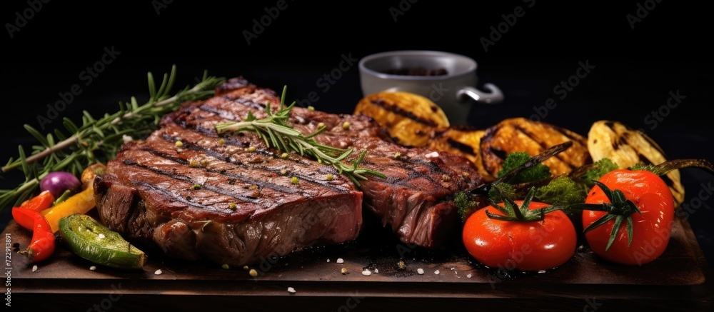 fresh grilled ribeye steak with broccoli carrot and cherry tomatoes on side. Creative Banner. Copyspace image