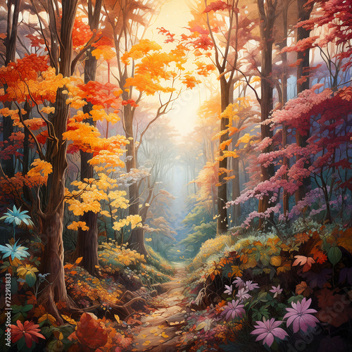 A stunning autumn landscape with a red tree, tropical mountain flowers, and a path