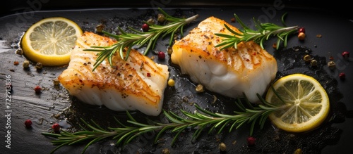 Fried fish fillet Atlantic cod with rosemary in pan. Creative Banner. Copyspace image photo