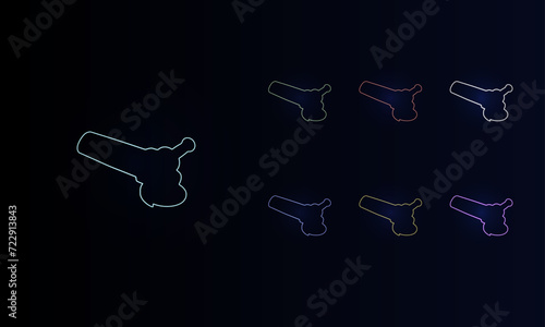 A set of neon angle grinder symbols. Set of different color symbols, faint neon glow. Vector illustration on black background