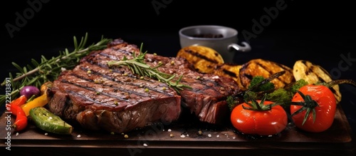 fresh grilled ribeye steak with broccoli carrot and cherry tomatoes on side. Creative Banner. Copyspace image