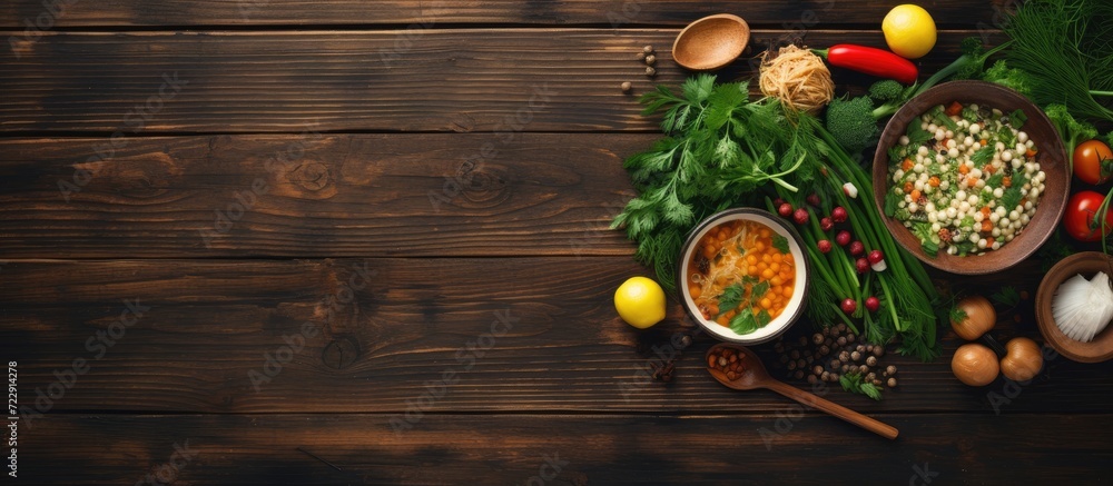 homemade vegetarian lunch green bean soup with vegetables on wooden table top view. Creative Banner. Copyspace image homemade vegetarian lunch green bean soup with vegetables on wooden table top view. Creative Banner. Copyspace image