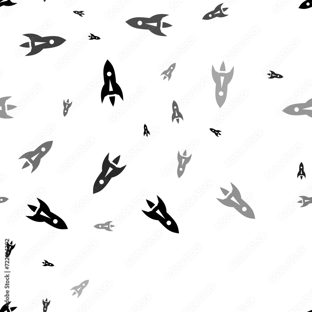 Seamless vector pattern with rockets, creating a creative monochrome background with rotated elements. Illustration on transparent background