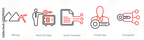 A set of 5 Blockchain icons as mining, proof of stake, smart contract