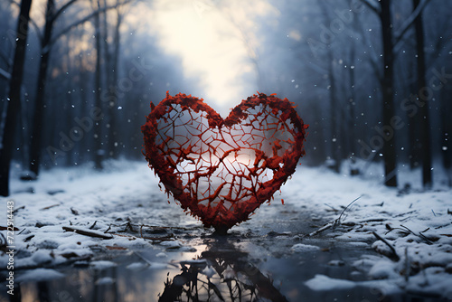 Red heart in winter forest. 3D rendering. Love concept. photo