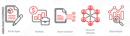 A set of 5 Blockchain icons as white paper, portfolio, smart contract