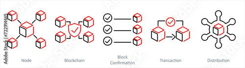 A set of 5 Blockchain icons as node, blockchain, block confirmation