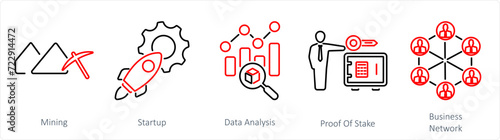 A set of 5 Blockchain icons as mining, startup, data analysis