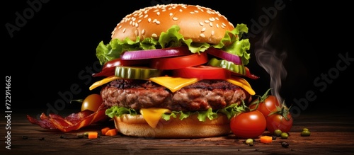 Gourmet bacon cheeseburger with lettuce and tomato. Creative Banner. Copyspace image