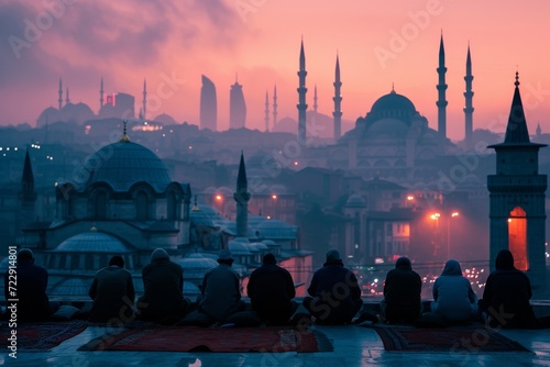 People are sitting on prayer rugs with their backs to the camera