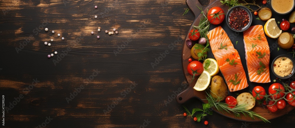 Grilled salmon steaks and potatoes sizzling in a frying pan a mouthwatering delight Flat lay with copy space. Creative Banner. Copyspace image