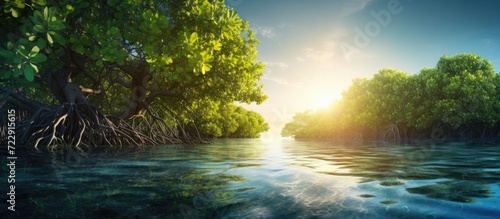 Green mangrove forest with morning sunlight Mangrove ecosystem Natural carbon sinks Mangroves capture CO2 from the atmosphere Blue carbon ecosystems Mangroves absorb carbon dioxide emissions photo