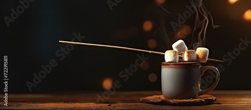 Hot chocolate with toasted marshmallow on a skewer on top on dark wood Selective Focus Focus on the front edge of the toasted marshmallow. Creative Banner. Copyspace image photo