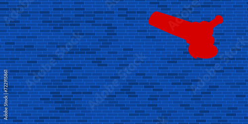 Blue Brick Wall with large red angle grinder symbol. The symbol is located on the right, on the left there is empty space for your content. Vector illustration on blue background