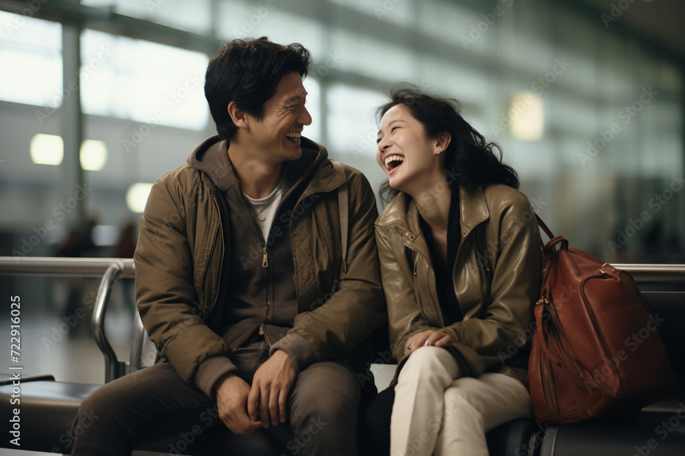 young asian couple passenger at the airport bokeh style background young asian couple passenger at the airport bokeh style background