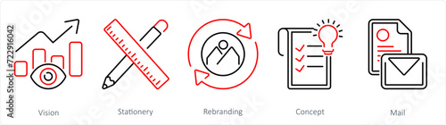 A set of 5 Branding icons as vision, stationery, rebranding