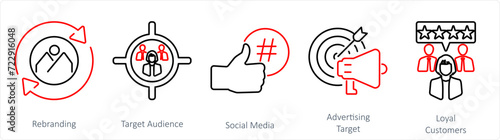 A set of 5 Branding icons as rebranding, target audience, social media