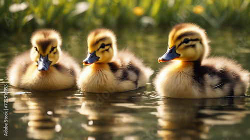 cute duckling swimming in the river with blurred sunlight background © AlJunaid