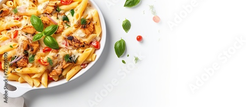 Ground Chicken Pasta Bake with onion mushrooms spinach tomato sauce and mozzarella cheese in white bowl on white wood table horizontal view from above flat lay close up. Creative Banner
