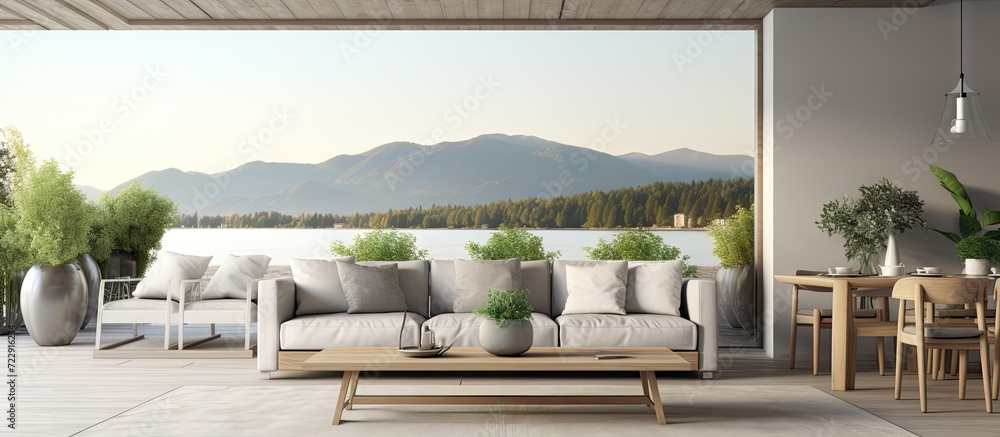 High angle view of a stylish nordic living room interior with a wooden dining table gray sofa and view on terrace and backyard Real photo. Creative Banner. Copyspace image High angle view of a stylish nordic living room interior with a wooden dining table gray sofa and view on terrace and backyard Real photo. Creative Banner. Copyspace image