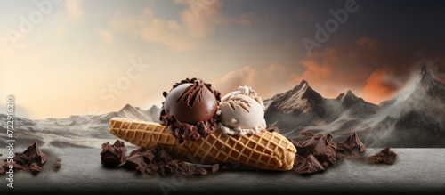 Ice cream bar coated with chocolate on a slate board. Creative Banner. Copyspace image photo