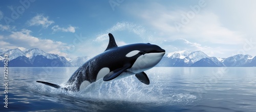 Front killer whale Orcinus orca jumping out of blue water. Creative Banner. Copyspace image
