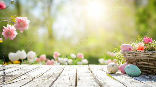 empty white wooden table with easter theme in garden