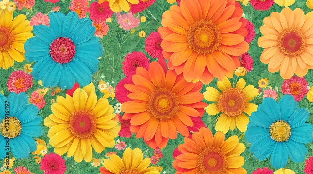 Gerbera flowers seamless pattern on green background. Floral spring background.