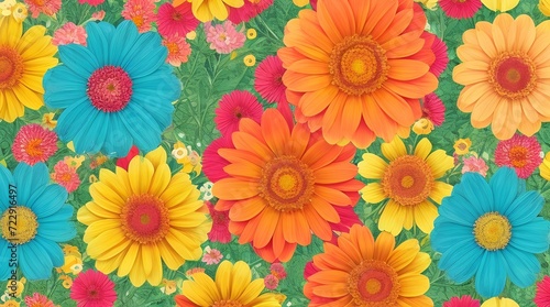 Gerbera flowers seamless pattern on green background. Floral spring background.