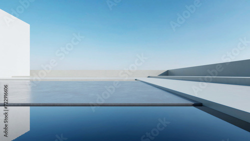 Abstract modern architecture with empty concrete floor and blue pool, Futuristic design, Scene for car presentation.
