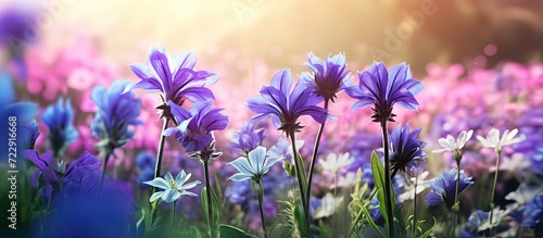 How beautifully the blue and purple flowers are blooming it looks amazing surrounded by green nature open sky and shining sun. Creative Banner. Copyspace image