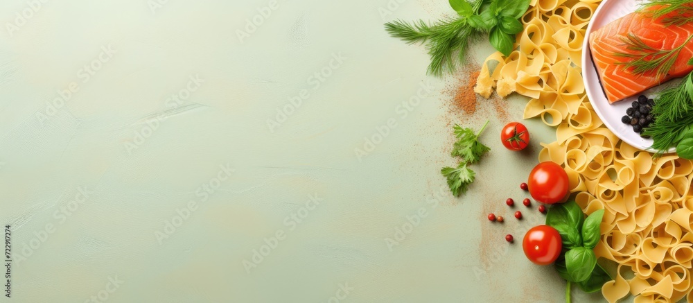 Homemade Pasta fusilli with salmon green peas parmesan cheese and lemon healthy food. Creative Banner. Copyspace image