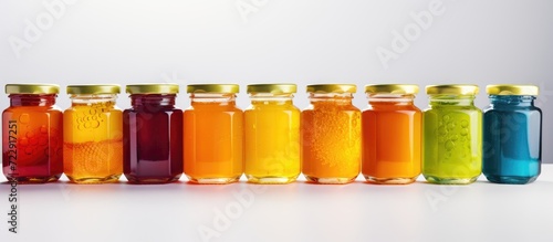 Hexagonal jars with different types and colors of fresh flower honey vitamin food for health and life. Creative Banner. Copyspace image