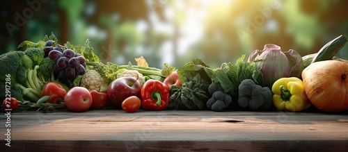 Fresh organic vegetables ane fruits on wood table in the garden. Creative Banner. Copyspace image photo