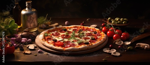 Homemade pizza with sun dried tomatoes mushrooms and olives Italian cuisine Food delivery. Creative Banner. Copyspace image