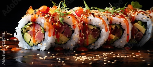 Homemade futomaki maki sushi roll with tuna fish paste Table spin. Creative Banner. Copyspace image