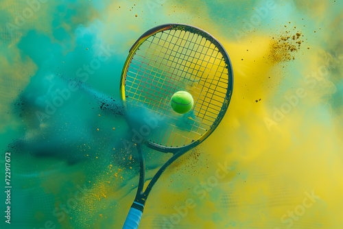 tennis racket hits the ball with color explostion on the cort. pastel green and yellow colors photo