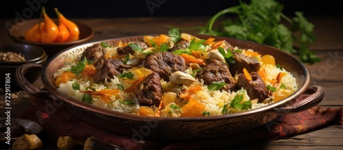 Fresh cooked wedding Uzbek plov in Tashkent Uzbekistan The signature dish of Uzbekistan is cooked with rice meat carrots and onions Pilaf is a traditional food at Central Asia. Creative Banner
