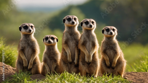 Fotografie, Obraz A group of meerkats standing sentinel, alert and watchful for potential dangers