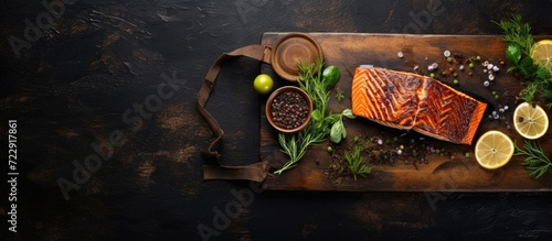 Grilled salmon fillets sesame seeds herb decoration and black slate board on old oak table. Creative Banner. Copyspace image