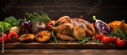 healthy food grilled chicken with vegetables on a wooden board. Creative Banner. Copyspace image