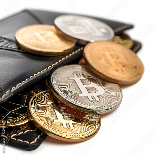 Close-up of cryptocurrency coins and a digital wallet isolated on white background, flat design, png
 photo