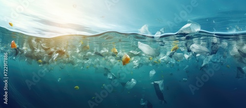 Garbage plastic bottle floats in blue sea water with underwater Pollution of the environment and oceans. Creative Banner. Copyspace image photo