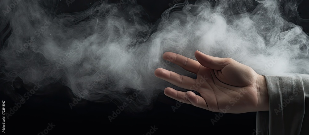 Hand holding a dirty white cloth in front of the smoking exhaust of a car with diesel engine. Creative Banner. Copyspace image
