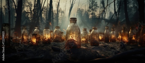 glass bottles found in the forest after a forest fire. Creative Banner. Copyspace image photo