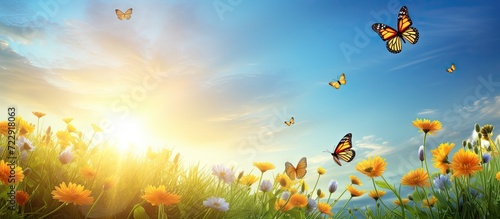 How beautifully beautiful butterflies are floating on beautiful flowers it looks amazing full of green nature around open sky shining sun around. Creative Banner. Copyspace image © HN Works